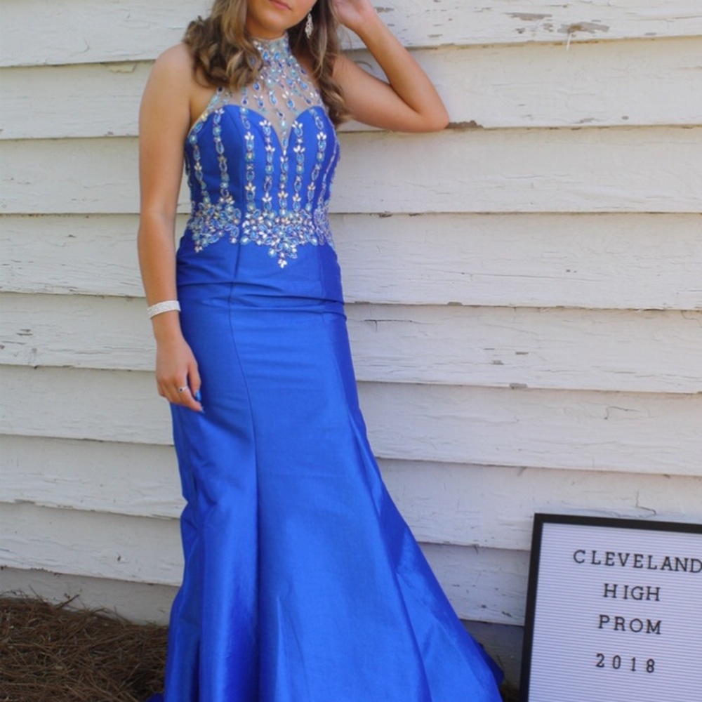 Rachel Allan Blue Halter Prom Dress